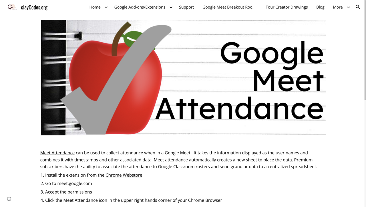 The homepage of Meet Attendance by Claycodes.