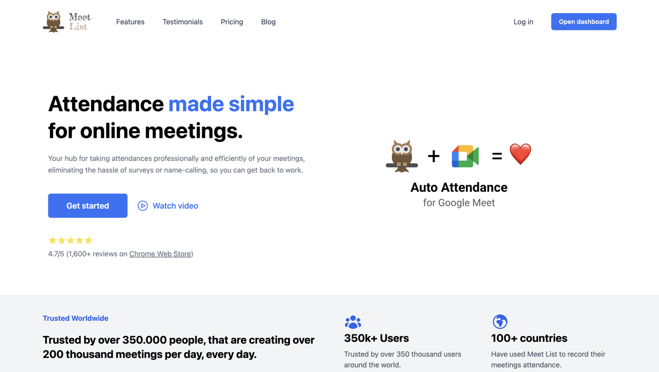 The homepage of MeetList, another Google Meet attendance tracker.