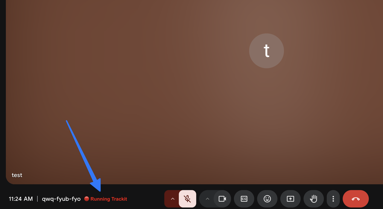 The Trackit extension displays a recording indicator in Google Meet when it's tracking attendance.