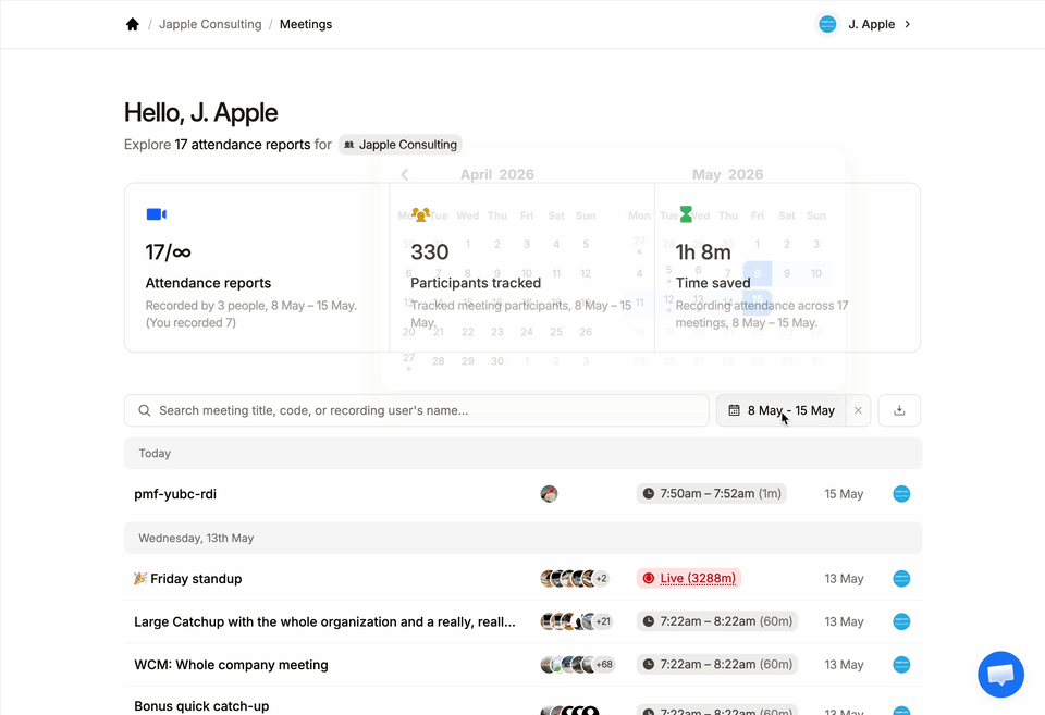 The new calendar date picker lets you easily filter meetings and stats by date range.