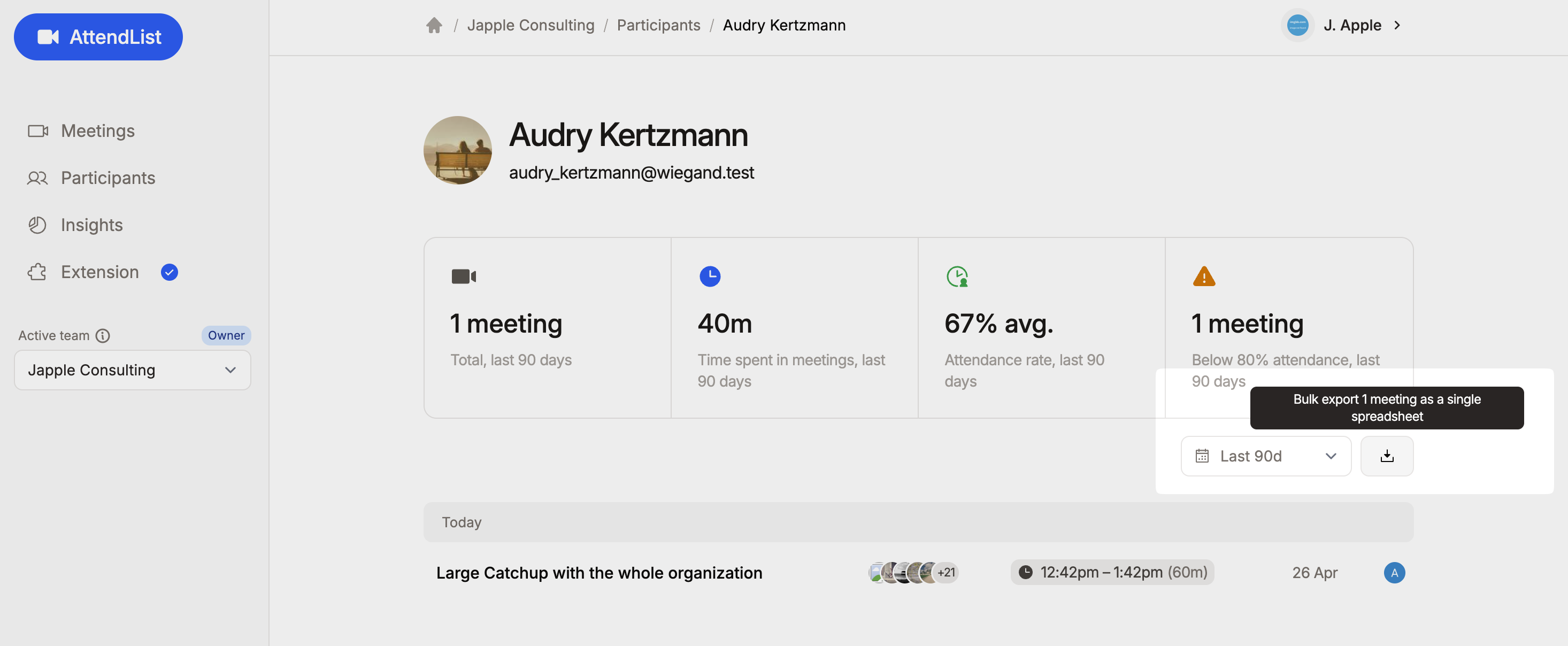 Export all of a participant's meetings as a single spreadsheet from their profile page.