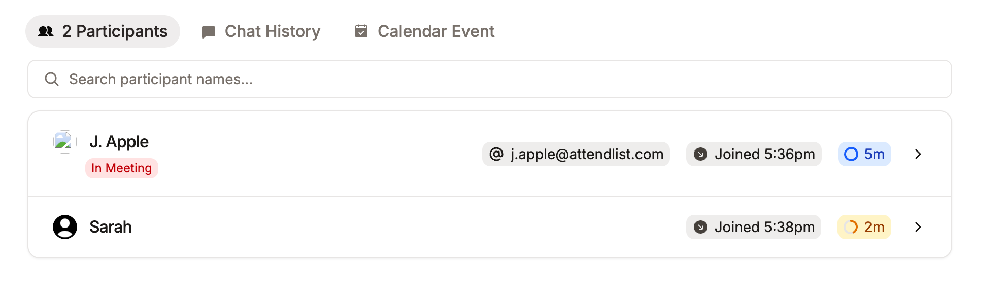 Live meeting participant list showing real-time duration tracking for each participant.