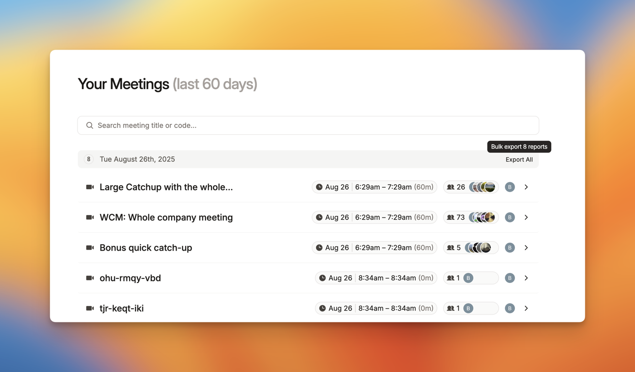 AttendList Pro subscribers can now export collections of meetings in bulk (into a special bulk view)