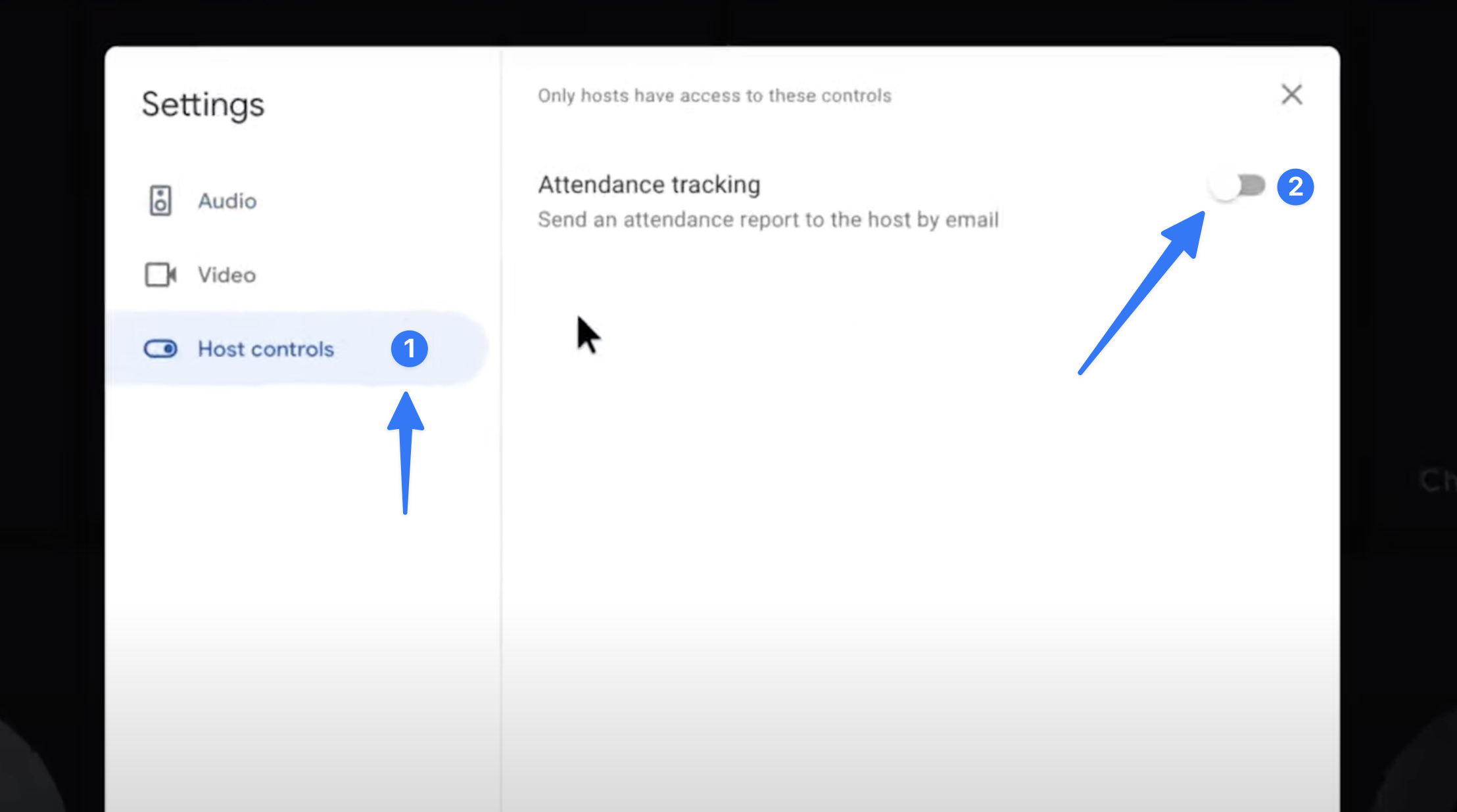 Enable attendance tracking directly withing a meeting by opening the Host Controls settings, and enabling Attendance tracking. You'll get an email with your attendance report when the meeting ends.