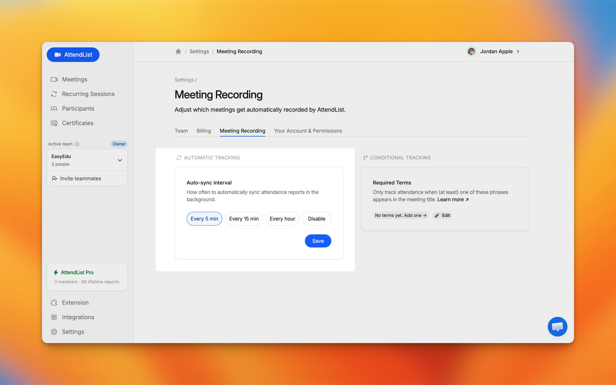 The Meeting Recording settings page, showing the Automatic Tracking sync interval and Conditional Tracking required terms.