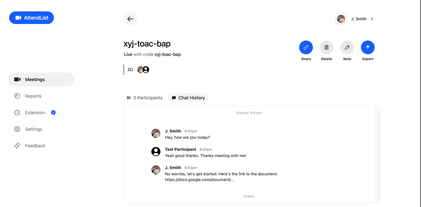 AttendList automatically records your chat history in Google Meet.