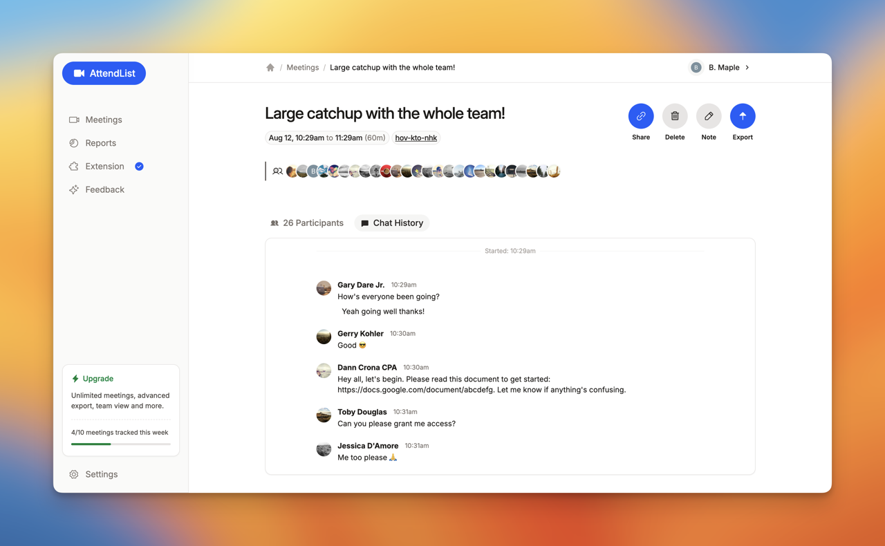 AttendList automatically records your chat history in Google Meet.