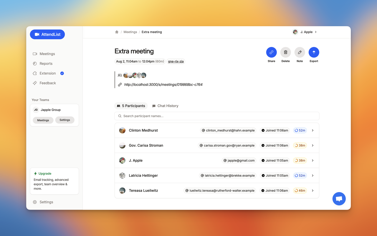 AttendList can track the email addresses of meeting participants (where possible). Available on AttendList Pro & Teams.
