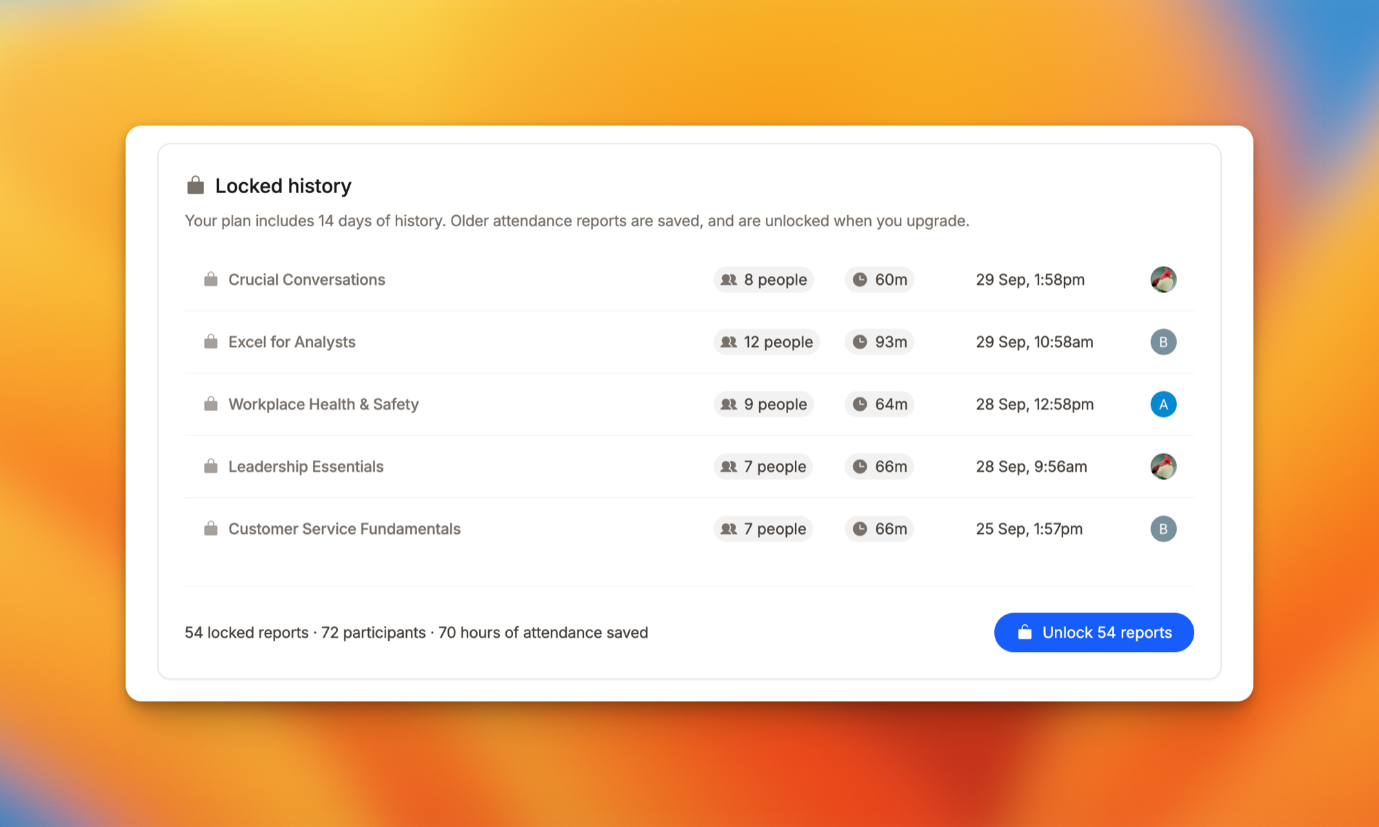 The 'Locked history' card in AttendList, listing older attendance reports that are saved and unlocked on upgrade.