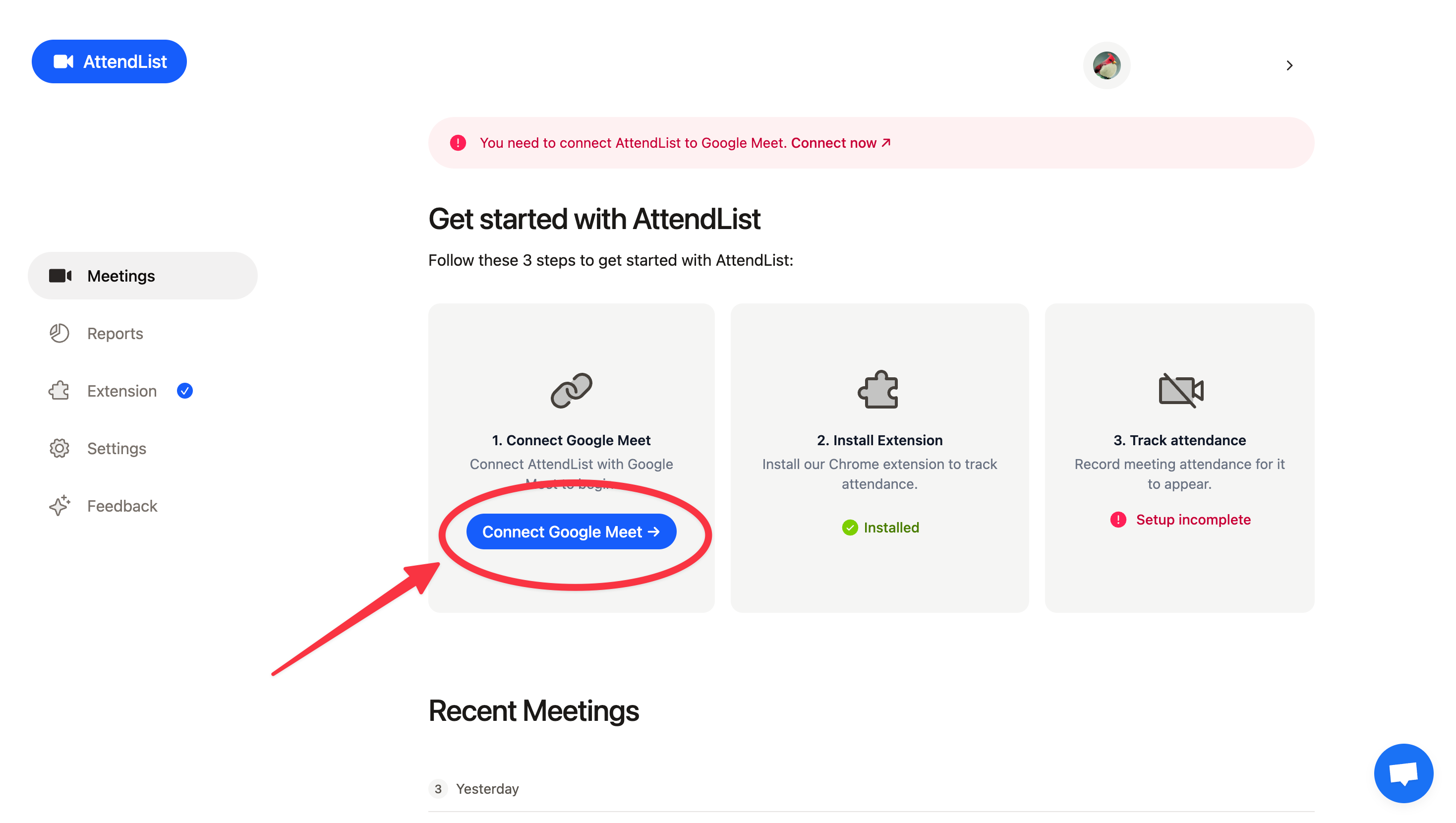 Make sure you connect AttendList to Google Meet.