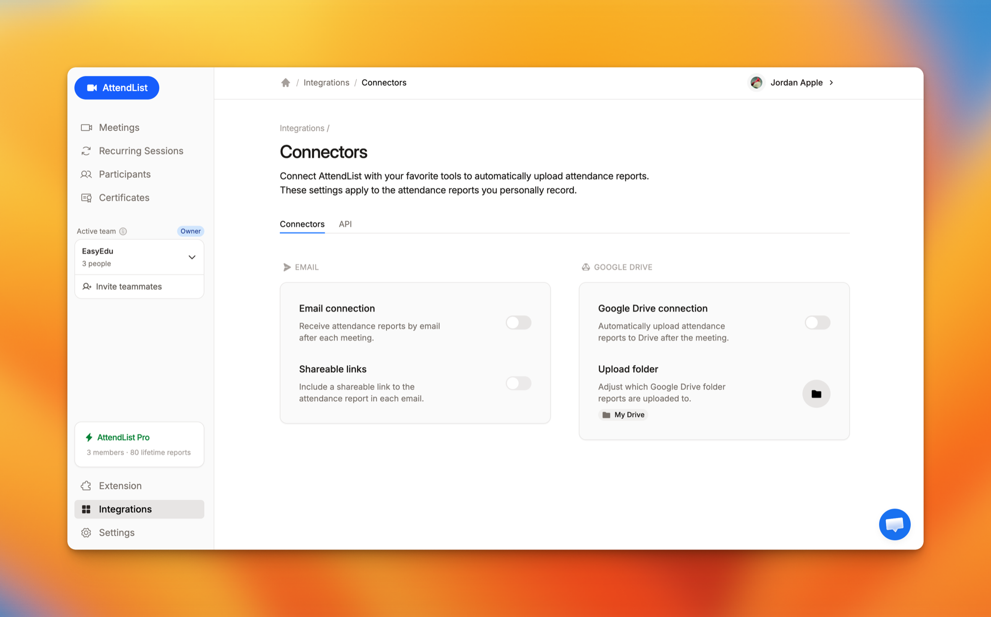 The Connectors page in AttendList, with toggles for the Email connection, shareable links, the Google Drive connection and its upload folder.
