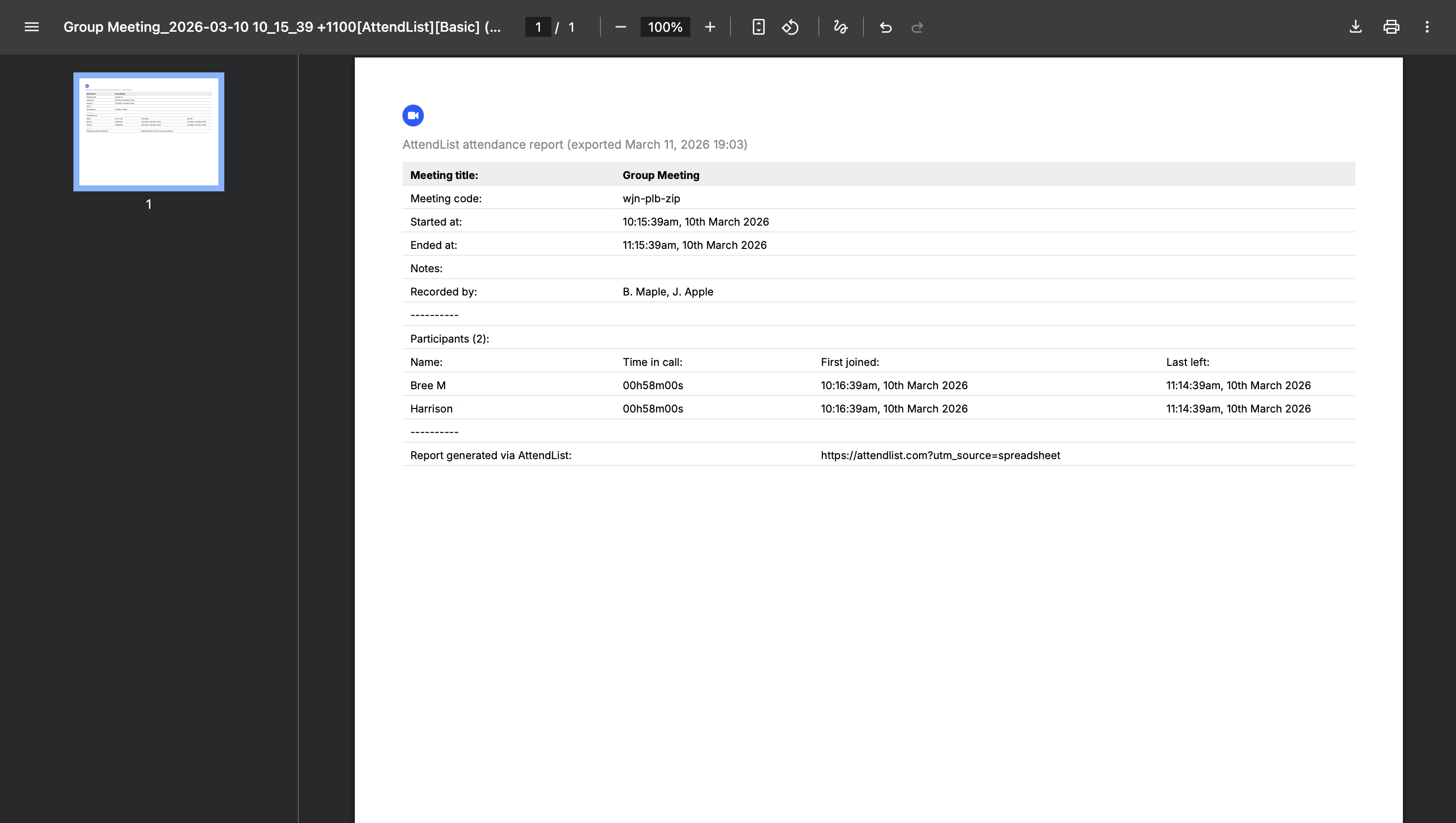 Export your attendance report as a PDF by clicking the 'Export' button on any meeting report page and selecting PDF.
