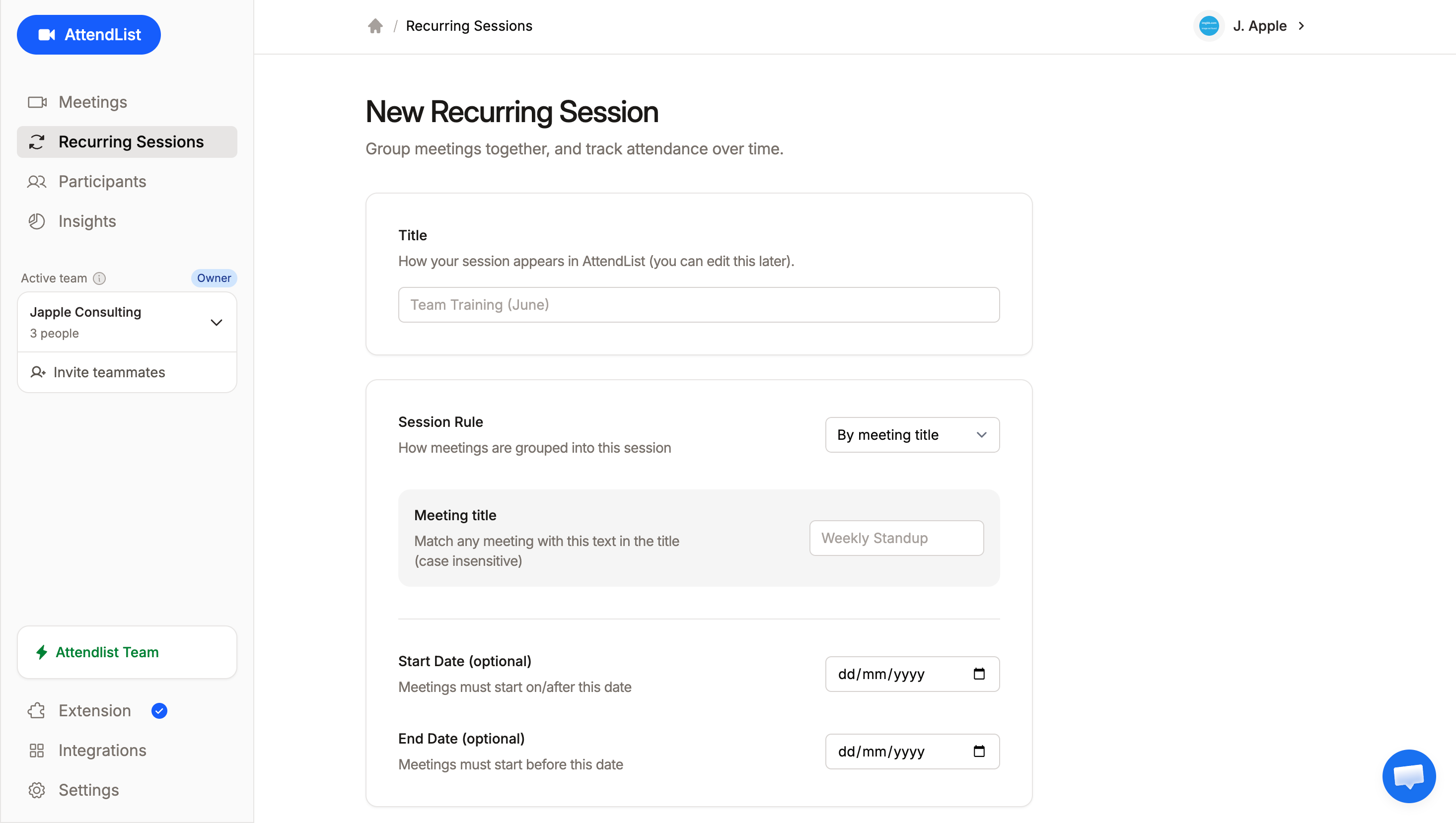 The new recurring session form, showing options for title, session rule, and optional start and end dates.