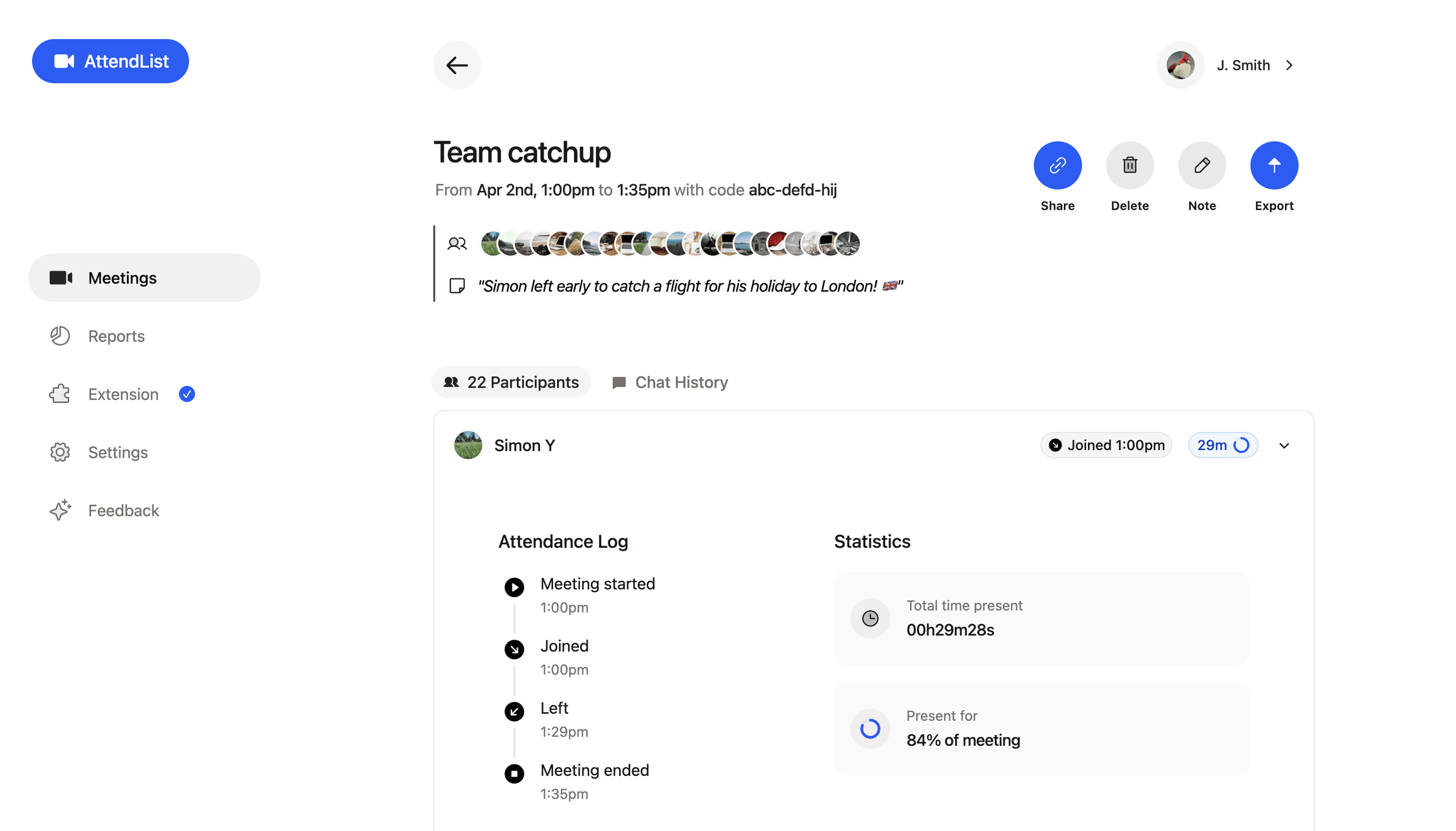 AttendList's Google Meet attendance report — you can see that Participant 5 left the meeting at 1:23pm, then rejoined at 1:25pm.