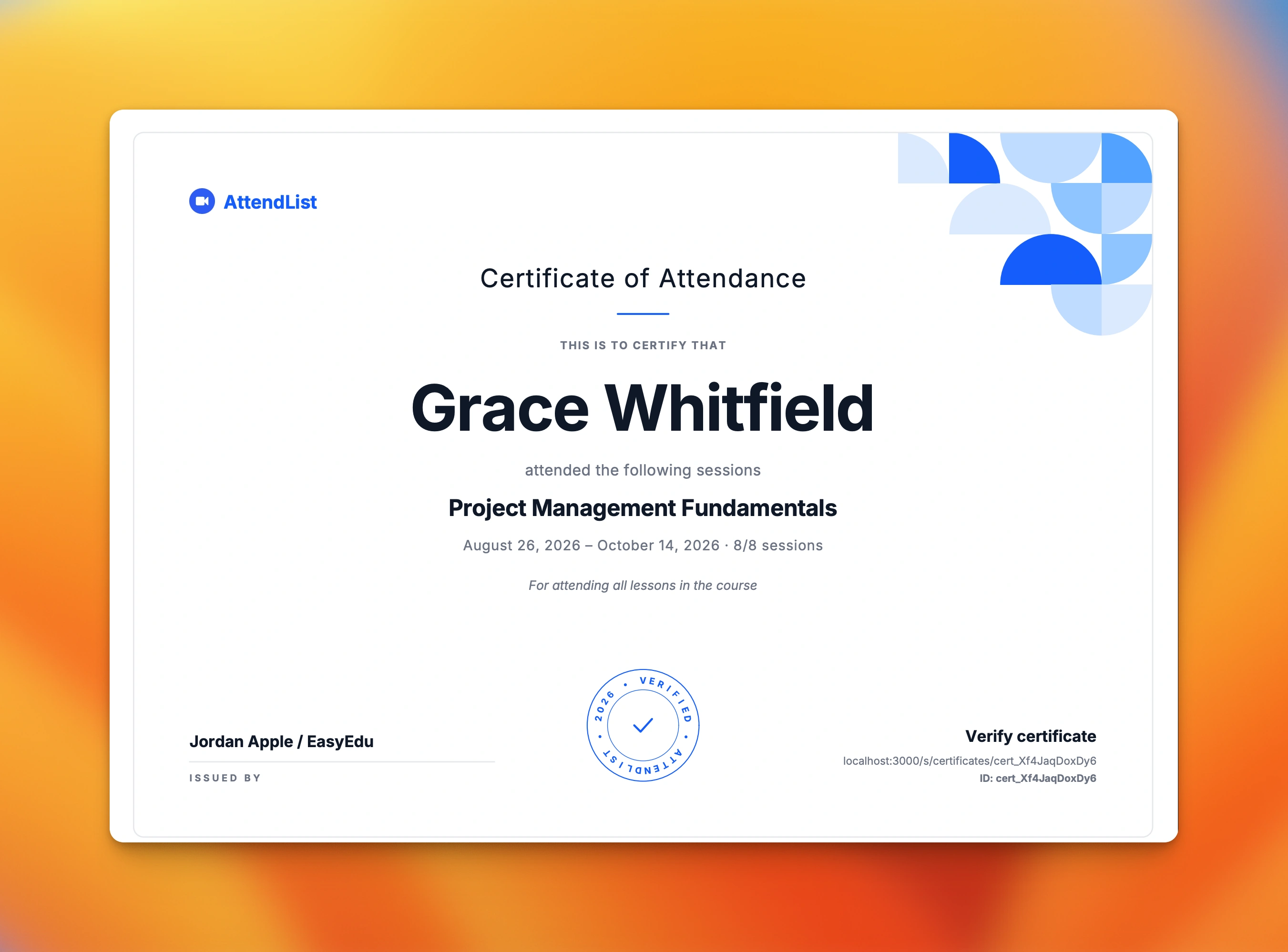 AttendList screenshot: Certificates