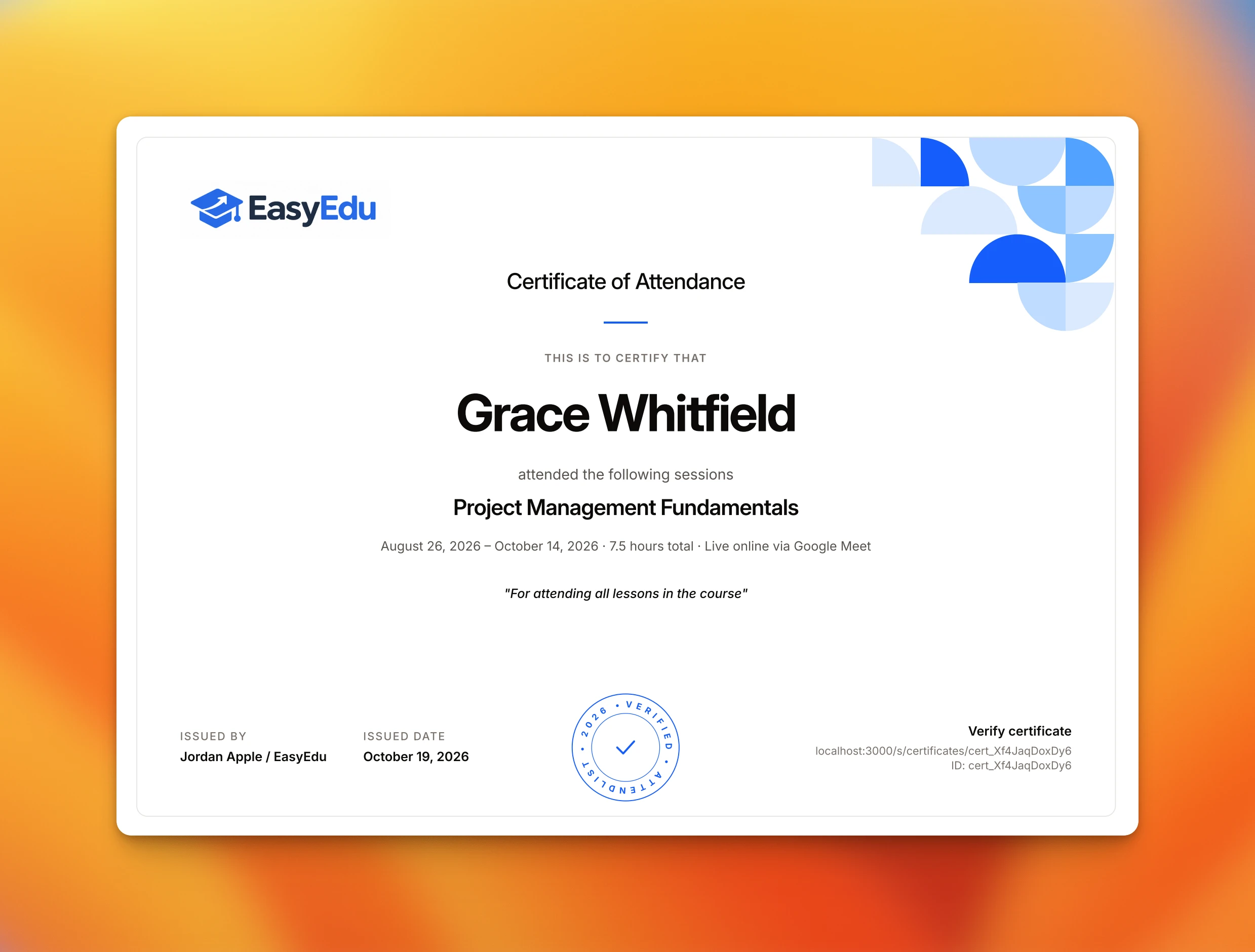 AttendList screenshot: Certificates