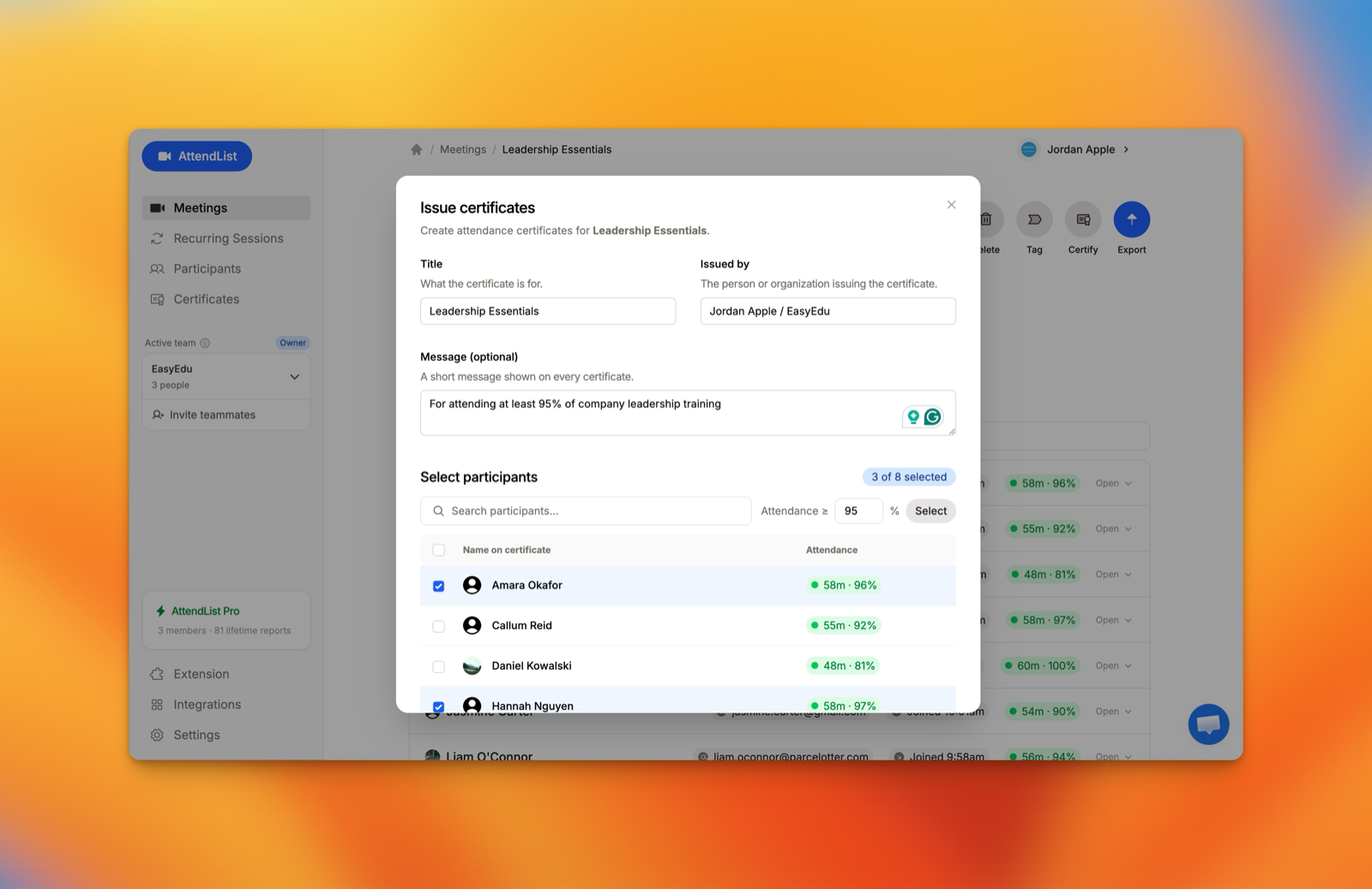 Issuing certificates in AttendList. Set a title, issuer and message, then select everyone at or above a minimum attendance, here 95%. Each participant is listed with their time and attendance.