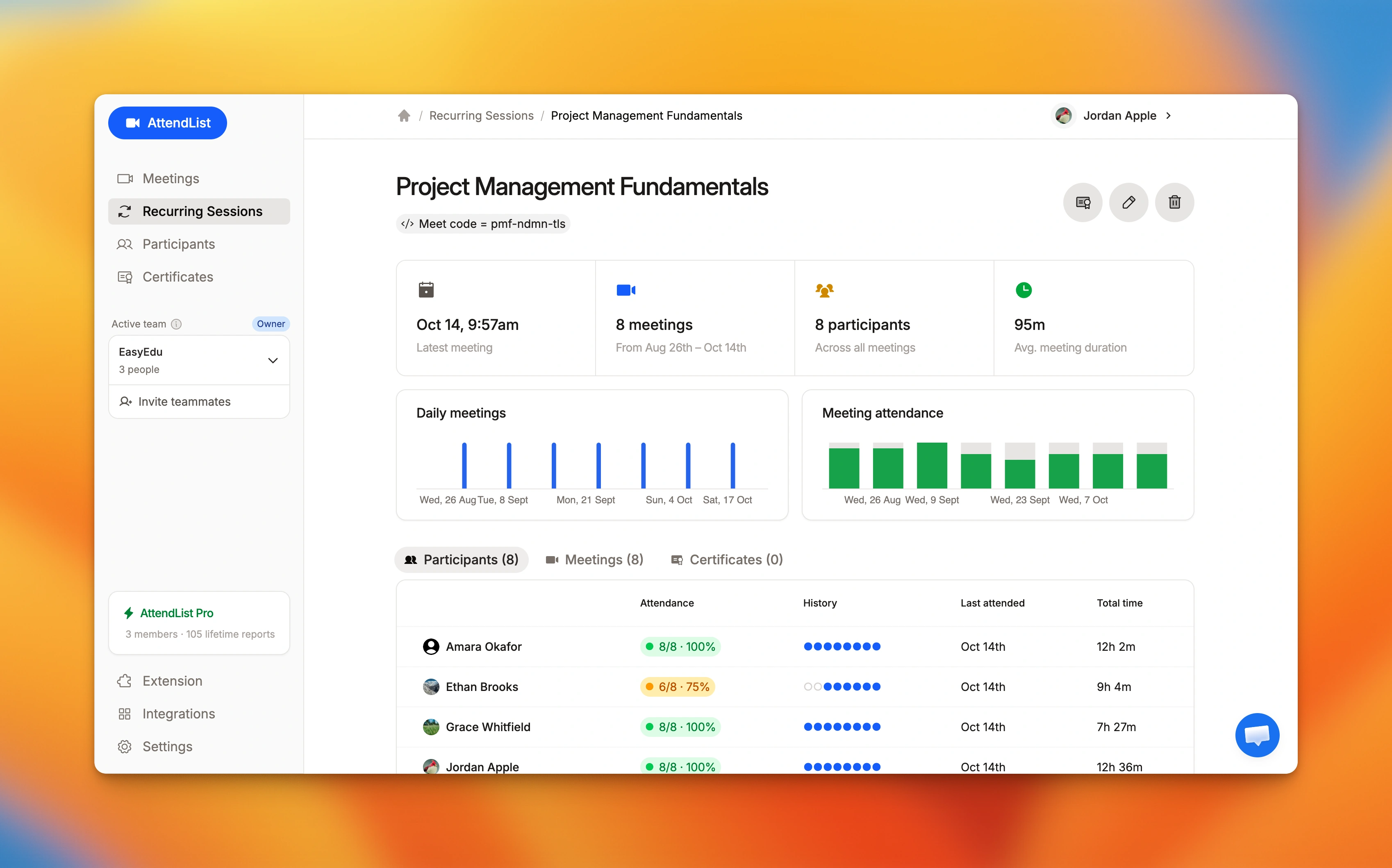 AttendList screenshot: Recurring sessions
