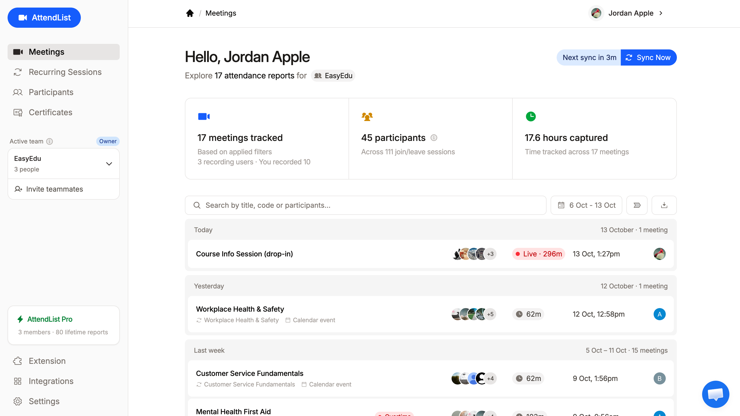 The Meetings page in AttendList for a team of three. Attendance reports recorded by every team member appear in one list, with the person who recorded each one shown on the right.