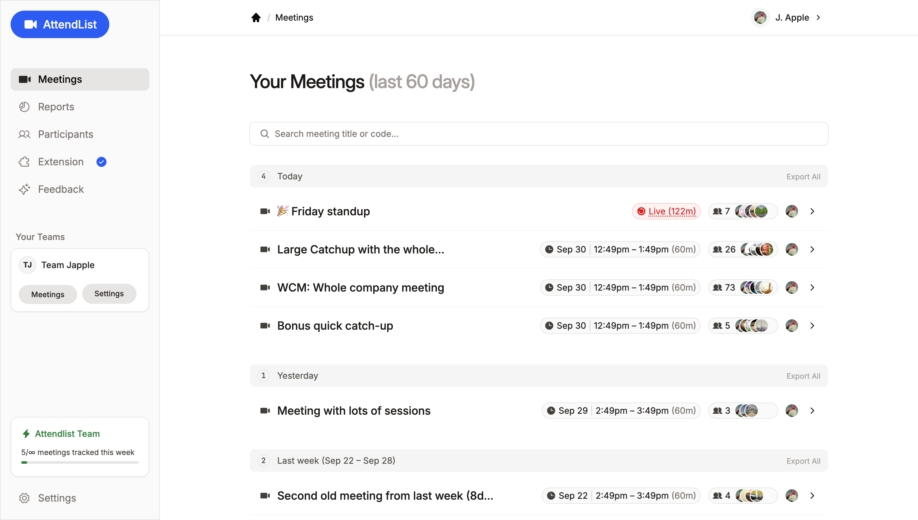 AttendList Screenshot: Meetings overview