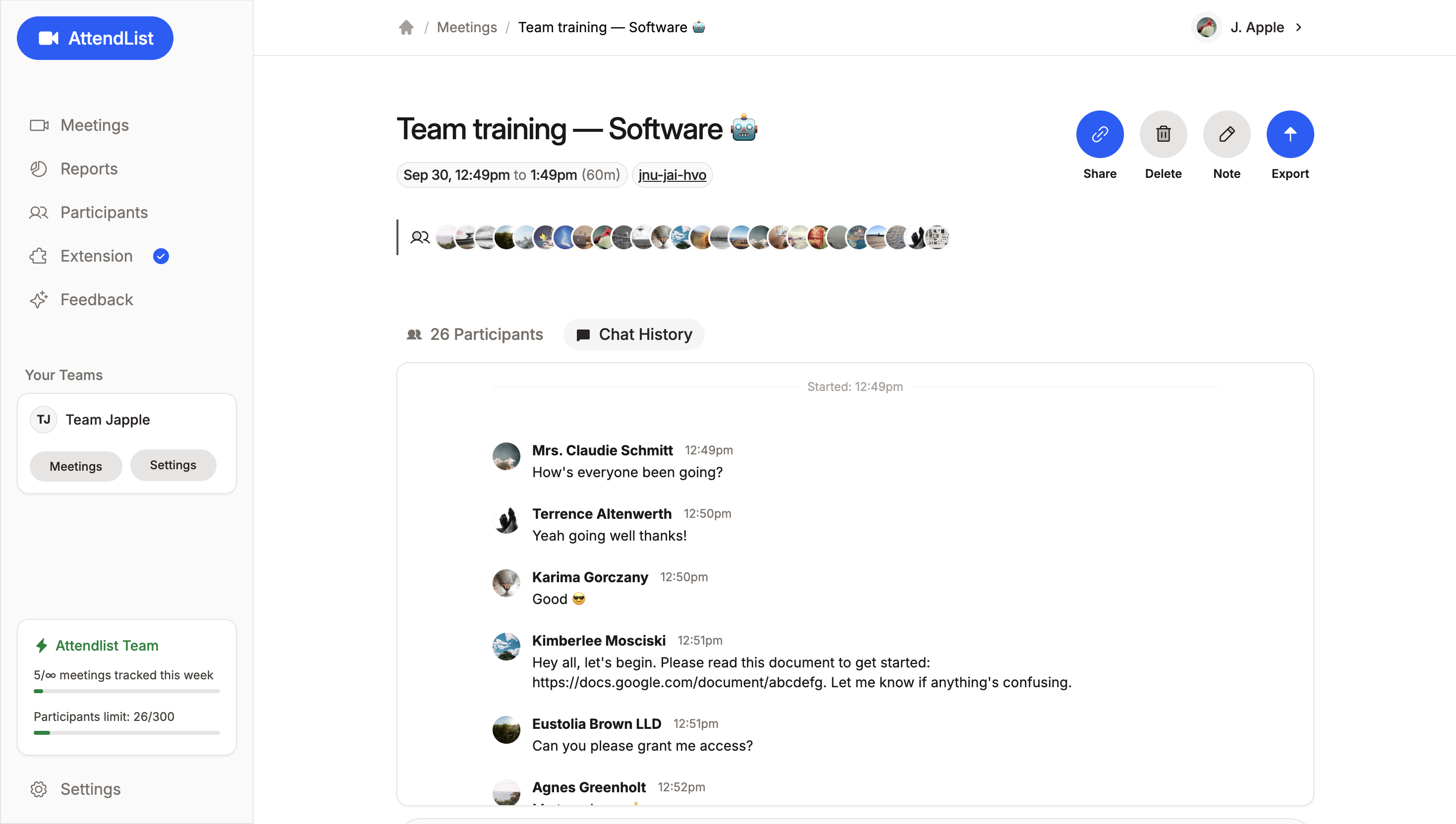 AttendList Screenshot: Chat history